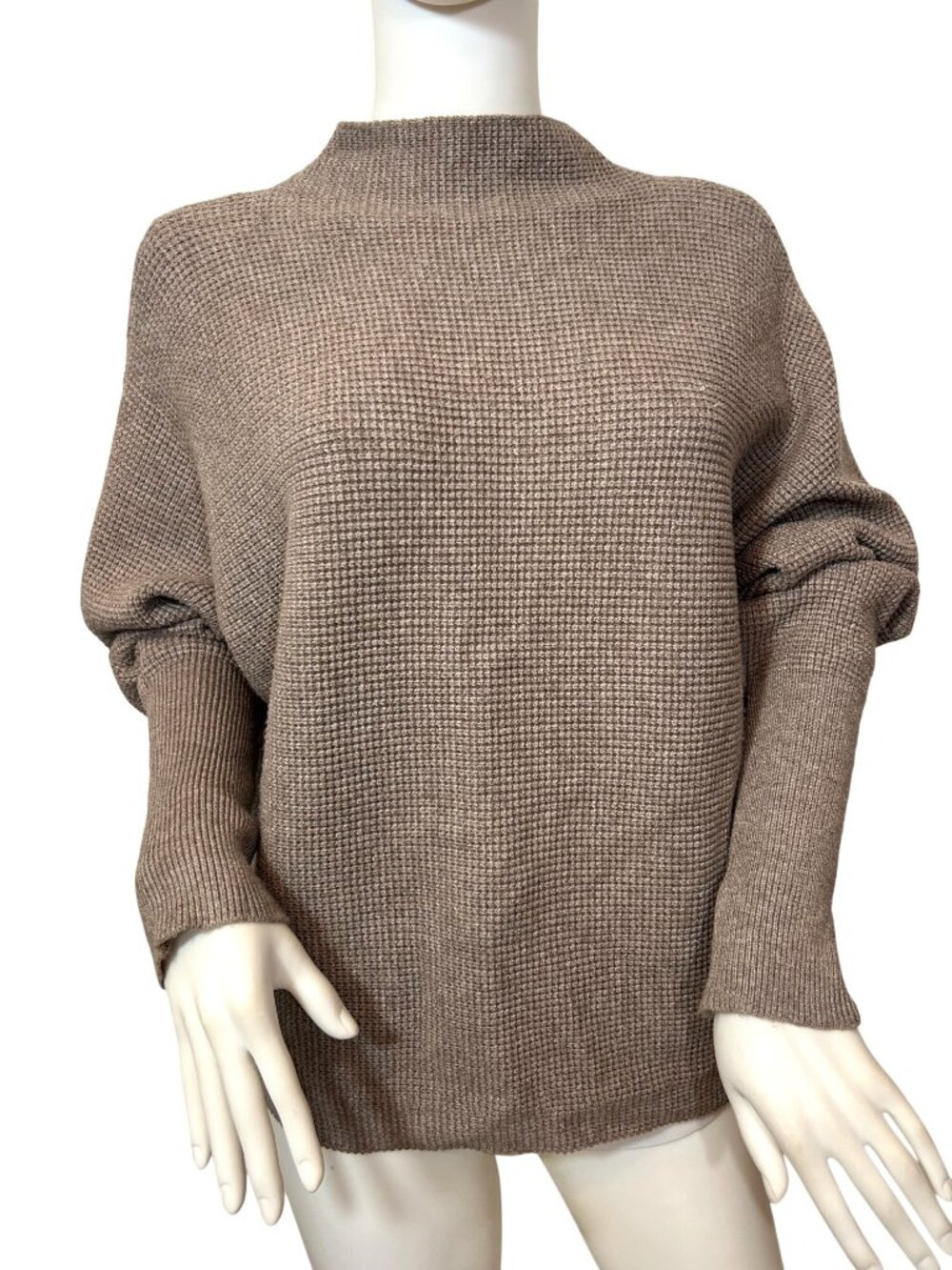 Cyrus Sweater S Mock Neck Long Sleeve Taupe (Cinder) Oversized Waffle Knit Roomy